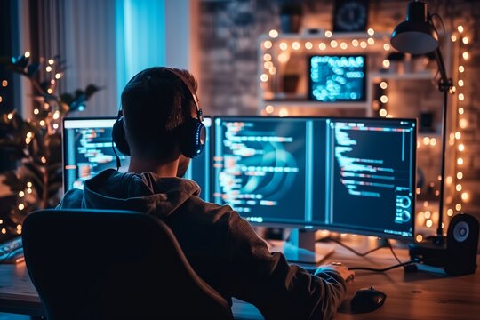 A developer intensely focused while coding, with festive Christmas lights creating a warm holiday atmosphere in the background