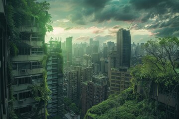 City filled with tall, looming buildings under a cloudy sky, A post-apocalyptic city skyline, with crumbling buildings and overgrown vegetation reclaiming the urban landscape