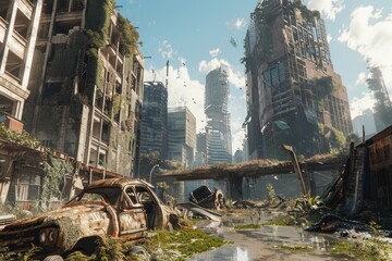 A city overrun by tall buildings and debris, showcasing destruction and chaos, A post-apocalyptic wasteland with crumbling buildings and overgrown foliage