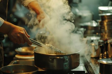 A person stirring food in a pot on top of a stove, with steam rising from the pot, A pot filled with steam rises as the chef stirs a bubbling sauce on the stove