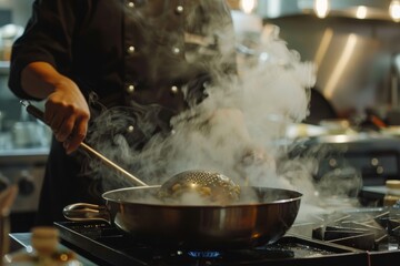 A chef is stirring a wok, creating steam in the process, A pot filled with steam rises as the chef stirs a bubbling sauce on the stove