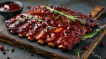 Obraz premium American cuisine. Lamb ribs with cranberry chutney and cranberry wine sauce.