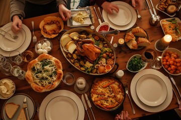 Group of People Sitting at Table With Plates of Food, A potluck dinner where each family member contributes a dish, creating a collaborative and communal dining experience