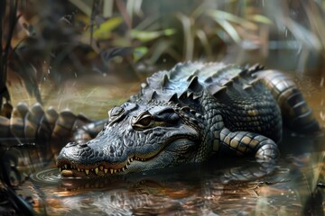 Obraz premium A prehistoric-looking crocodile emerges from murky water in a close-up shot, A prehistoric-looking alligator emerging from murky waters