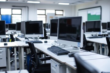 Computer monitors lined up neatly on a desk in a pristine learning environment, A pristine learning environment with white computer screens and keyboards