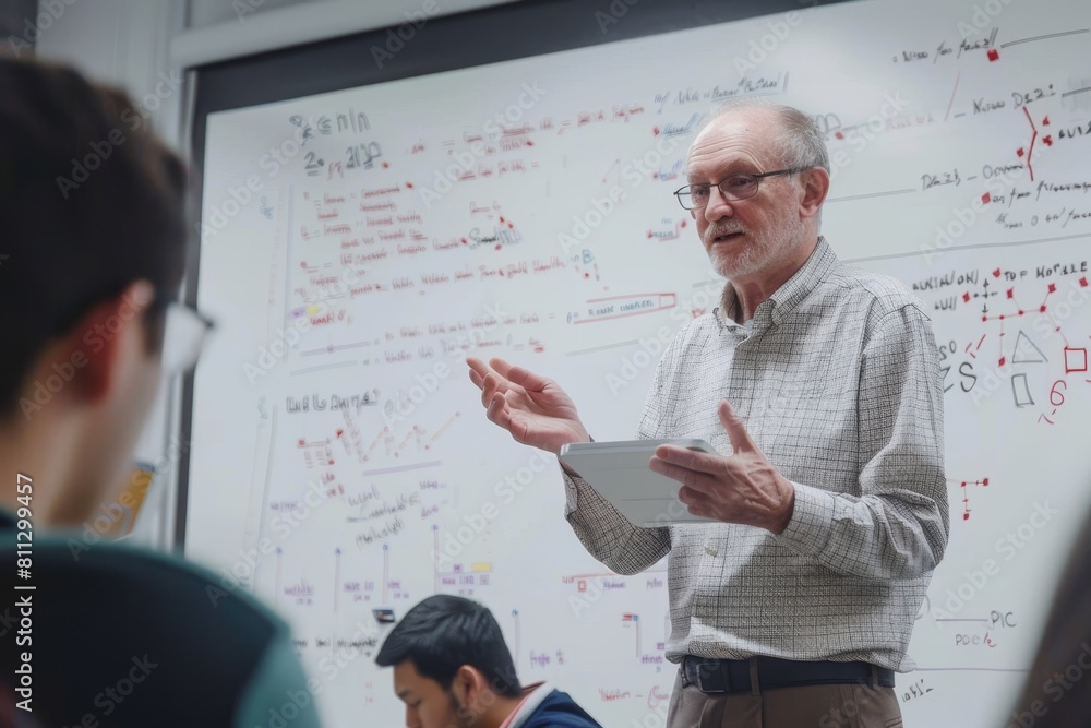 Poster a man giving a lecture while standing in front of a white board, a professor giving a lecture in fro