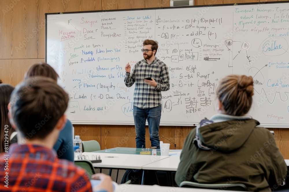 Poster a man standing in front of a whiteboard, giving a lecture in a classroom setting, a professor giving