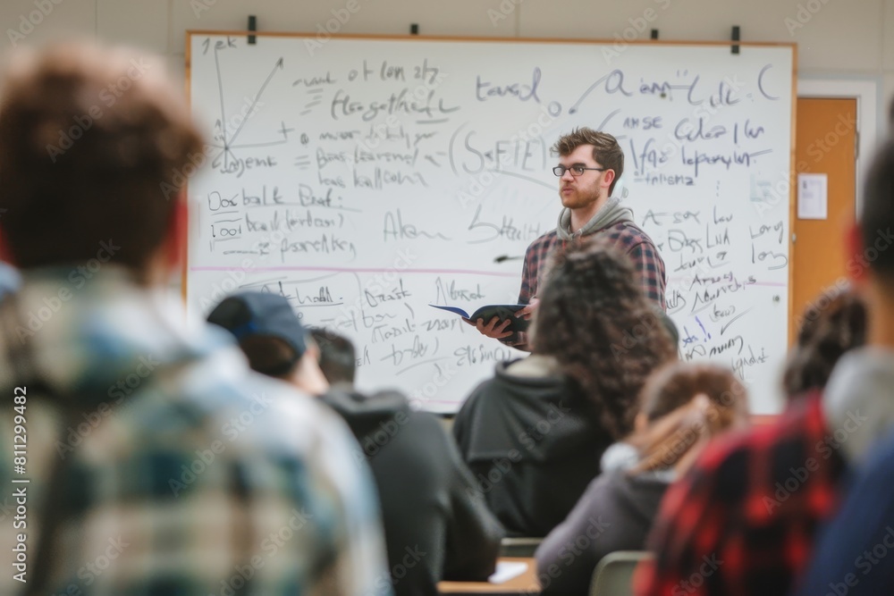 Poster a man stands before a whiteboard with writing during a lecture, a professor giving a lecture in fron