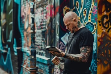 A man with a bald head stands in front of a vibrant wall covered in graffiti, A professor with a shaved head and tattoos, standing in front of a graffiti-covered wall and reciting poetry - Powered by Adobe