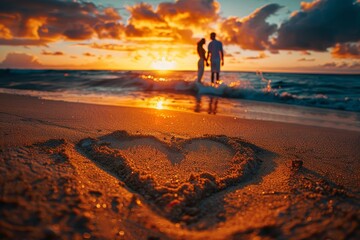 Heart shape drawn in sand by ocean waves on sandy beach at sunset, A proposal written in the sand at sunset