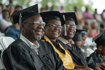 Fototapeta premium A row of individuals wearing graduation attire, celebrating an academic milestone, A proud family cheering on their graduate during the ceremony