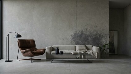 Modern minimalist living room with concrete wall and stylish furniture