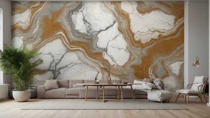 Elegant living room with large marble wall and modern furniture