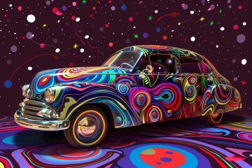A vibrant car with abstract designs parked in front of a dark backdrop, A psychedelic car with abstract shapes and trippy patterns
