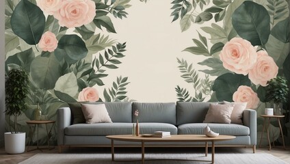 Elegant living room with floral wall mural and cozy decor