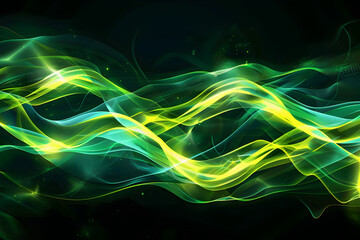 Dynamic neon waves with green and yellow glowing light streaks. Abstract art on black background.