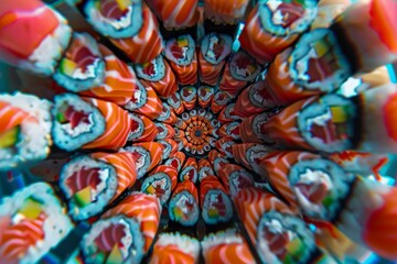 Detailed close-up of vibrant, colorful sushi in a kaleidoscopic pattern, A psychedelic interpretation of sushi in a kaleidoscope