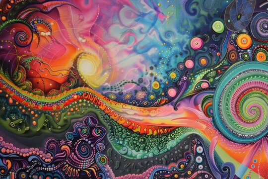 A vibrant painting featuring swirling colorful patterns with a bright sun in the background, A psychedelic dreamscape with swirling patterns and vibrant colors