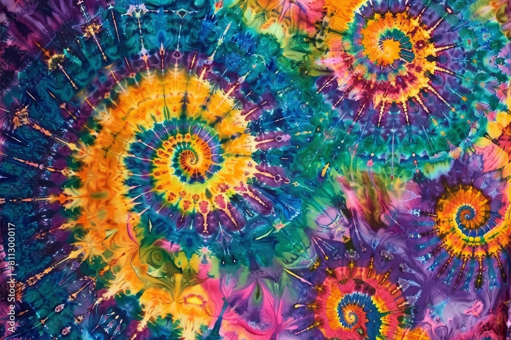 Poster colorful tie-dyed background featuring a mix of vibrant hues and intricate swirls in a psychedelic p