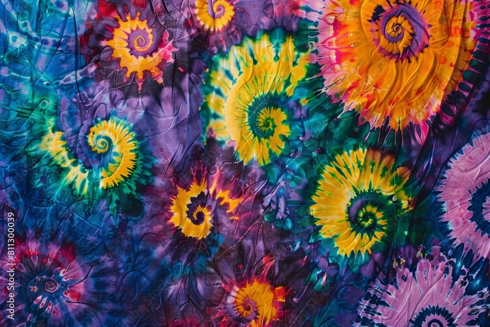 Poster colorful tie-dyed fabric with a spiral design in a vibrant and intricate pattern, a psychedelic tie-