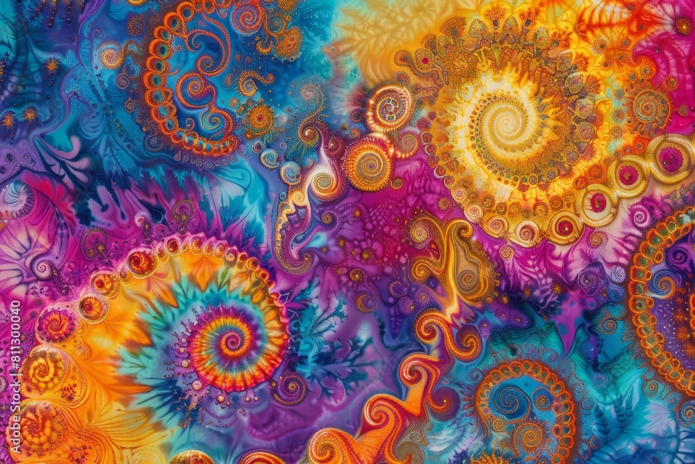 Poster a colorful painting filled with intricate swirls in a psychedelic tiedye pattern, a psychedelic tie-