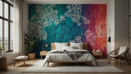 Colorful lace wall mural in a stylish modern bedroom