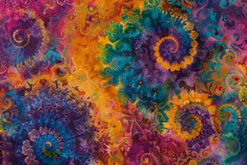A dynamic and multicolored abstract painting filled with various shapes and hues, A psychedelic tie-dye pattern with intricate swirls and spirals