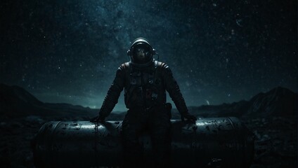 Astronaut sitting on metal debris under starry night sky