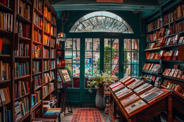 A cozy room with numerous colorful books lining shelves near a window, A quaint bookstore filled with shelves of colorful books