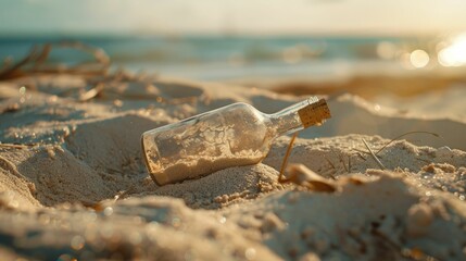 A discarded bottle lies on the sandy beach, surrounded by the tranquil landscape of water, wildlife, and rocks AIG50