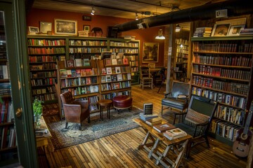 A library with numerous books and furniture pieces, portraying a vast collection of reading materials and study spaces, A quaint bookstore with shelves filled with books and cozy reading nooks