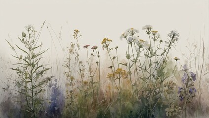 Serene watercolor meadow with soft pastel wildflowers in mist