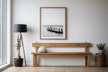 Minimalist interior design with wooden bench and wall art