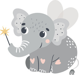 A colorful vector illustration of a cute fairy baby elephant done in an adorable childish style, perfect for children's books or themed decorations