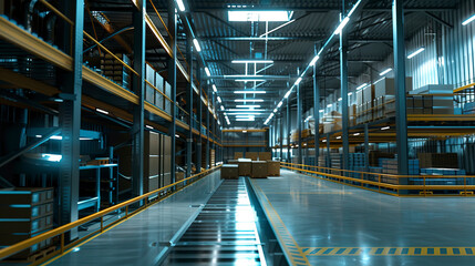 Innovative warehouse for finished products. New warehouse for storing consumer goods with new storage lines.