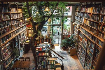 Fototapeta premium A library filled with numerous books is located beside a tree, A quaint bookstore with shelves filled with books and cozy reading nooks