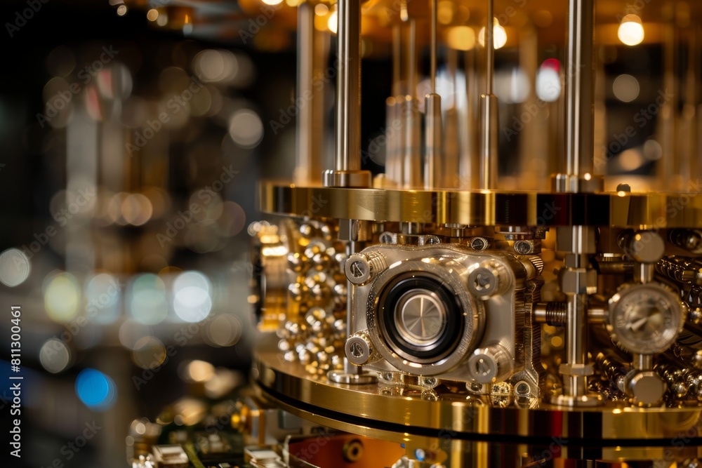 Poster detailed view of a metal clock displaying time in a close-up shot, a quantum computer that challenge