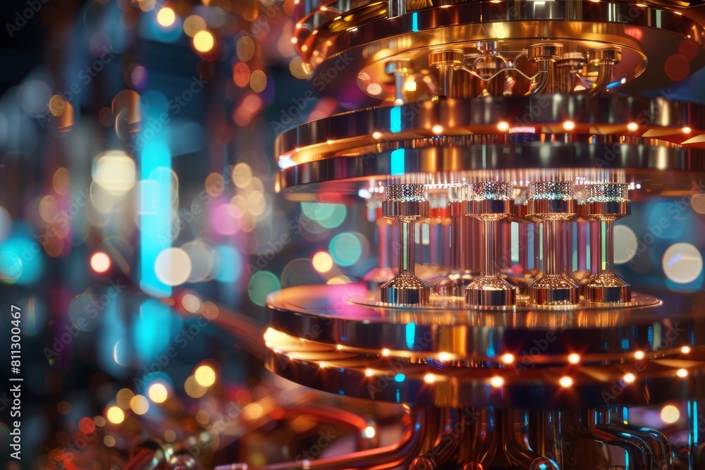 Poster detailed view of a chandelier with lights in the background, showcasing intricate design and illumin