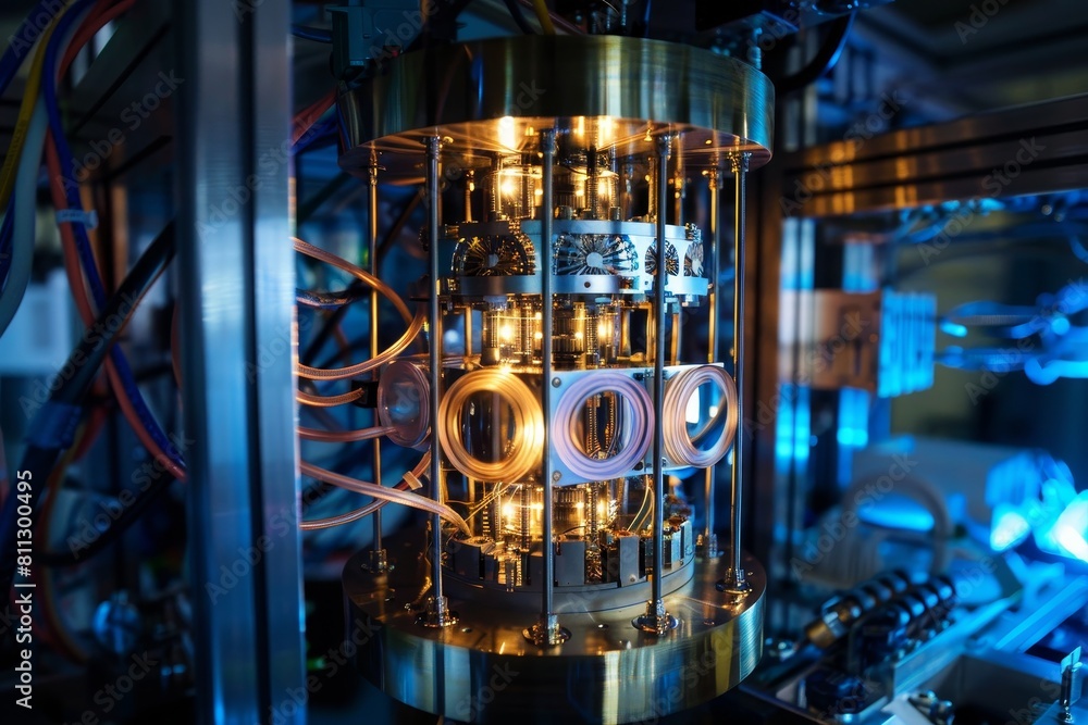 Poster Close-up view of a quantum computer with a complex network of wires, A quantum computer that represents the next frontier of computational power