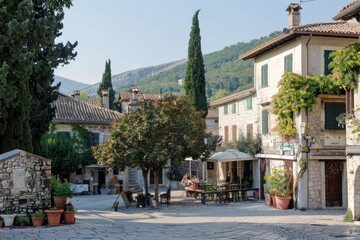 Bustling cobblestone street in a quaint village square, with villagers walking and chatting under...