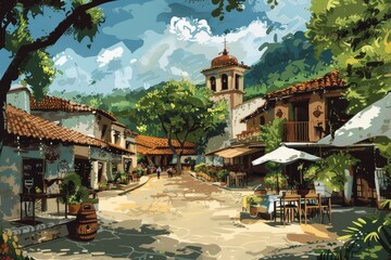 Obraz premium A painting depicting a busy village square with a prominent clock tower, A quaint village square bustling with activity and laughter