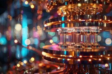 Detailed view of a chandelier with lights in the background, showcasing intricate design and illumination, A quantum computer that challenges traditional computing methods