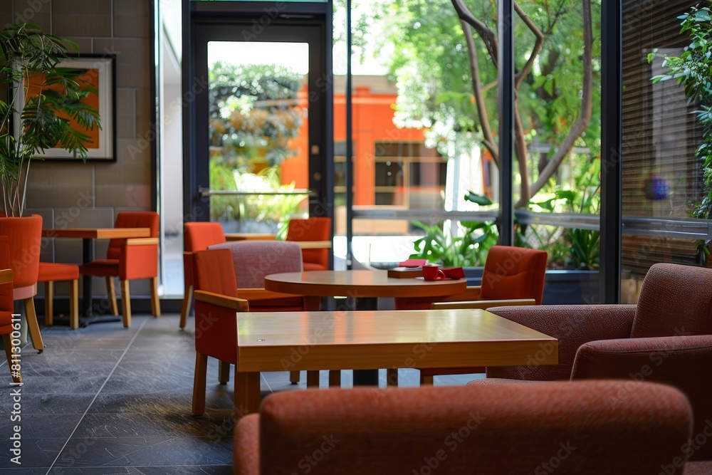 Poster a bustling room packed with various tables and chairs, creating a functional dining space, a quiet c