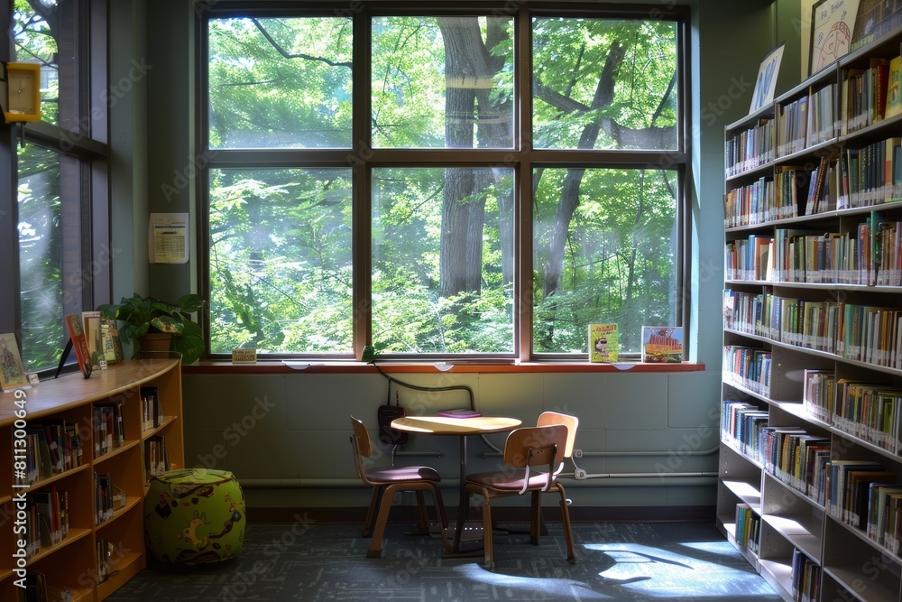 Aufkleber a library study corner featuring a table and chairs positioned in front of a window, a quiet corner 