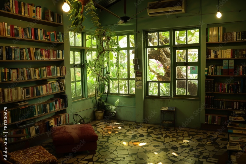 Poster a room filled with numerous books and multiple windows, a quiet corner of the library where students