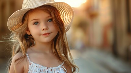 Obraz premium A happy little girl with a straw hat and white dress smiles while exploring nature. Her lips part in a smile, showcasing her bright iris and prominent chin AIG50