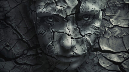 Petrifying Fear: Cracked Stone Figure with Dark Void Eyes Symbolizing Internal Fears