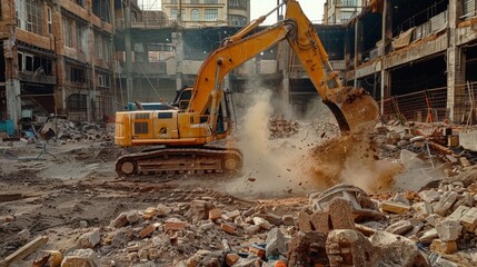 Fototapeta premium Excavator is digging into a pile of rubble
