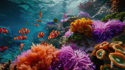 colorful coral garden bustling with marine life like clownfish, wrasses, and dottybacks, natural...