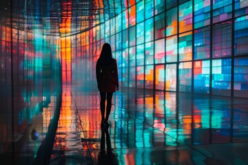 A woman is walking down a brightly lit hallway in an indoor setting, A reflection of the digital age